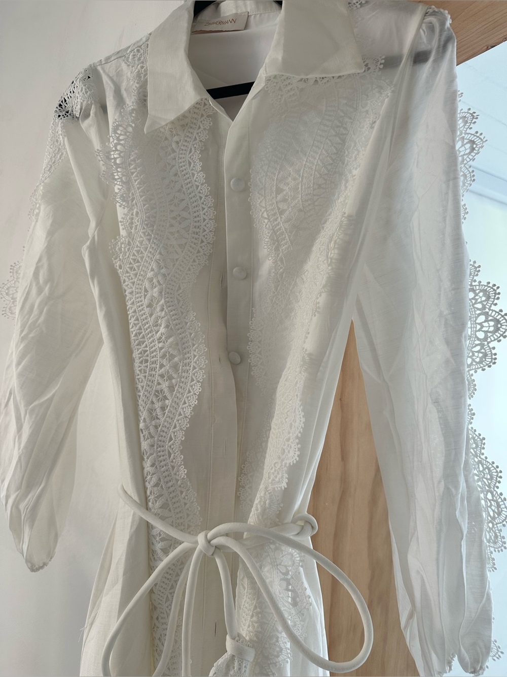 White Lace-Trim Long Button-Down Dress - Picture 7 of 10
